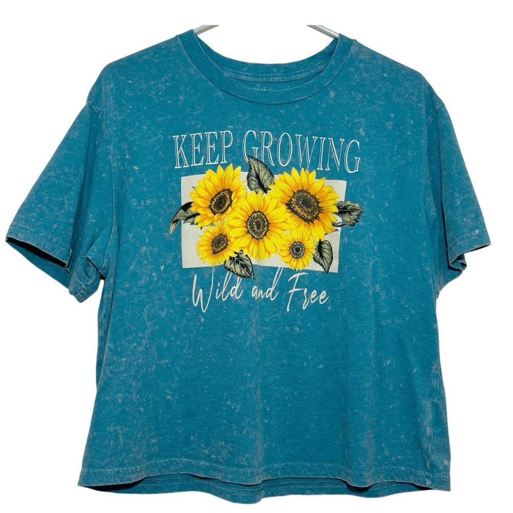 Rebellious One Graphic Tee Teal Blue Sunflower Mineral Wash Women Large L Boho